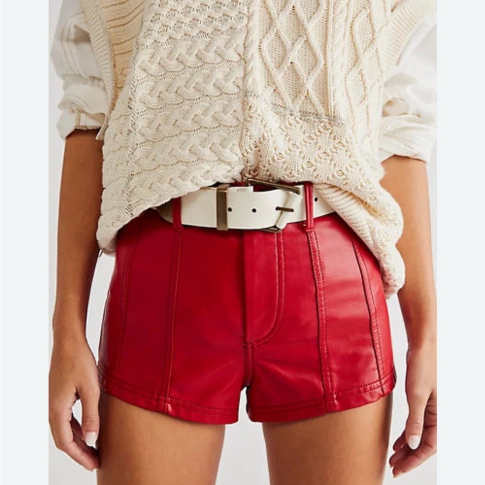Free People Red High Waist Leather Shorts
